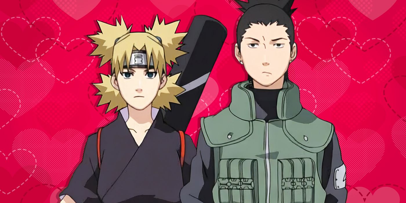 Shikamaru y Temari de Naruto frente a un fondo rosa lleno de corazones