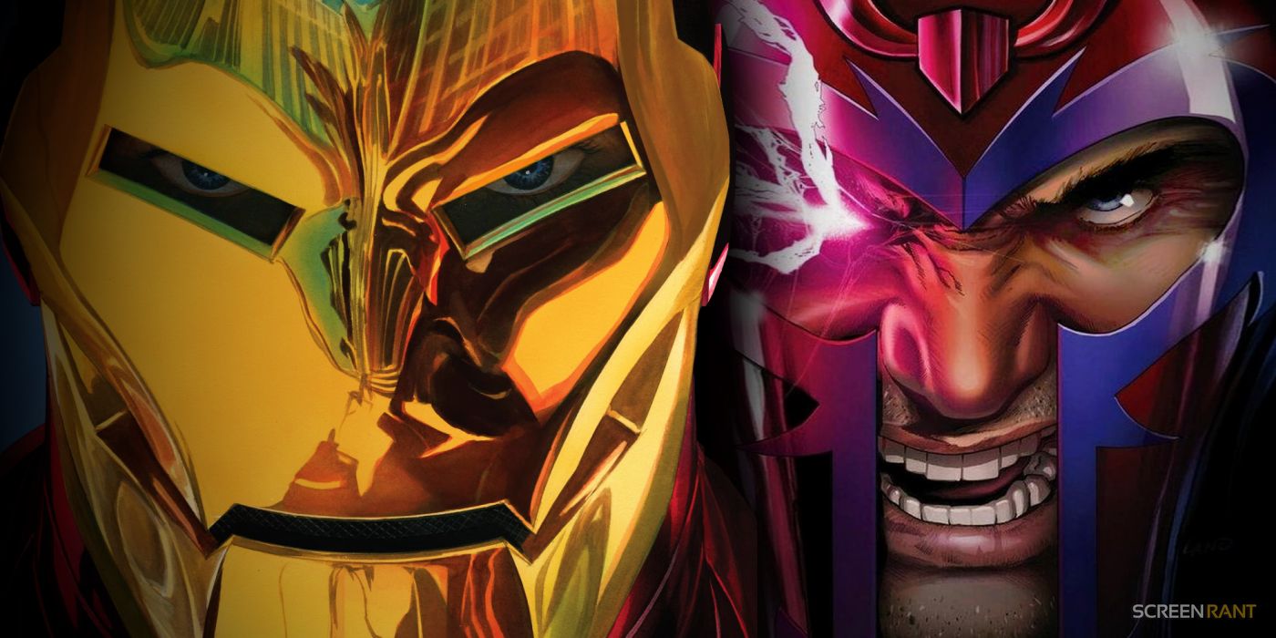 Imágenes de cerca del casco de Iron Man y la cara de Magneto en el arte de Marvel Comics de Ross y Land