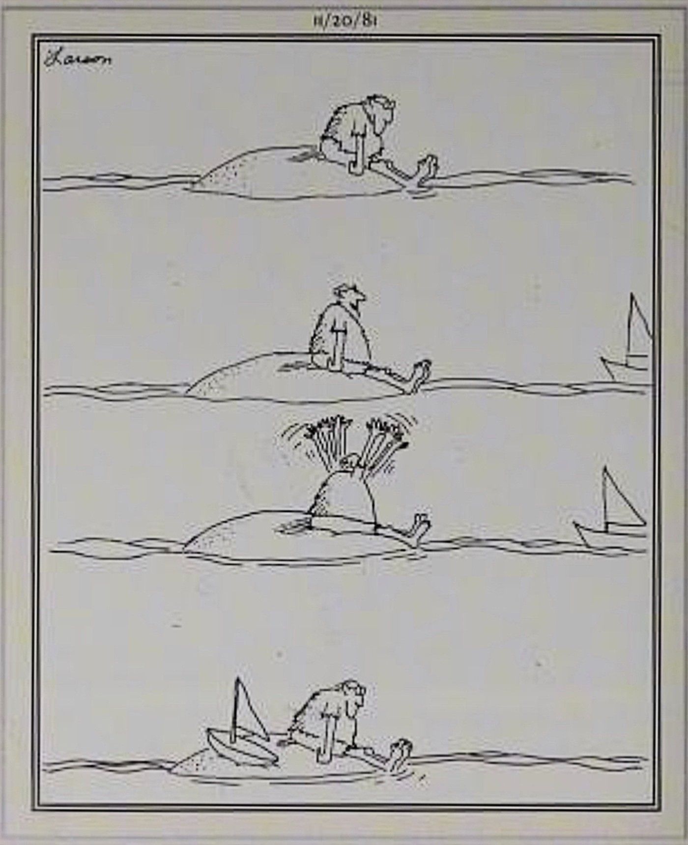 Far Side, man on desert island thinks he's rescued, turns out to be toy boat