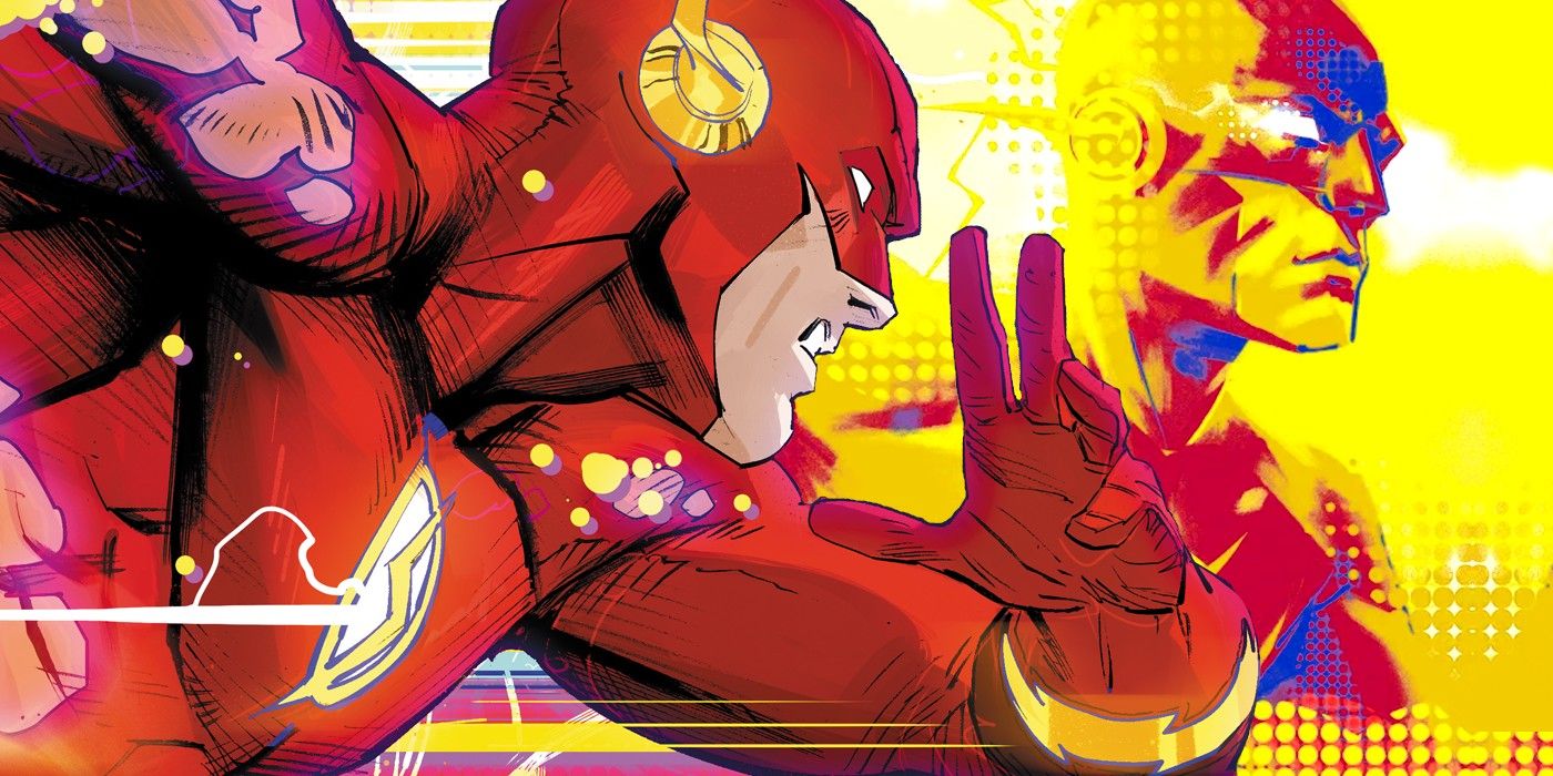 Arte de cómic: un superhéroe con traje rojo (Flash) corre con cara seria.