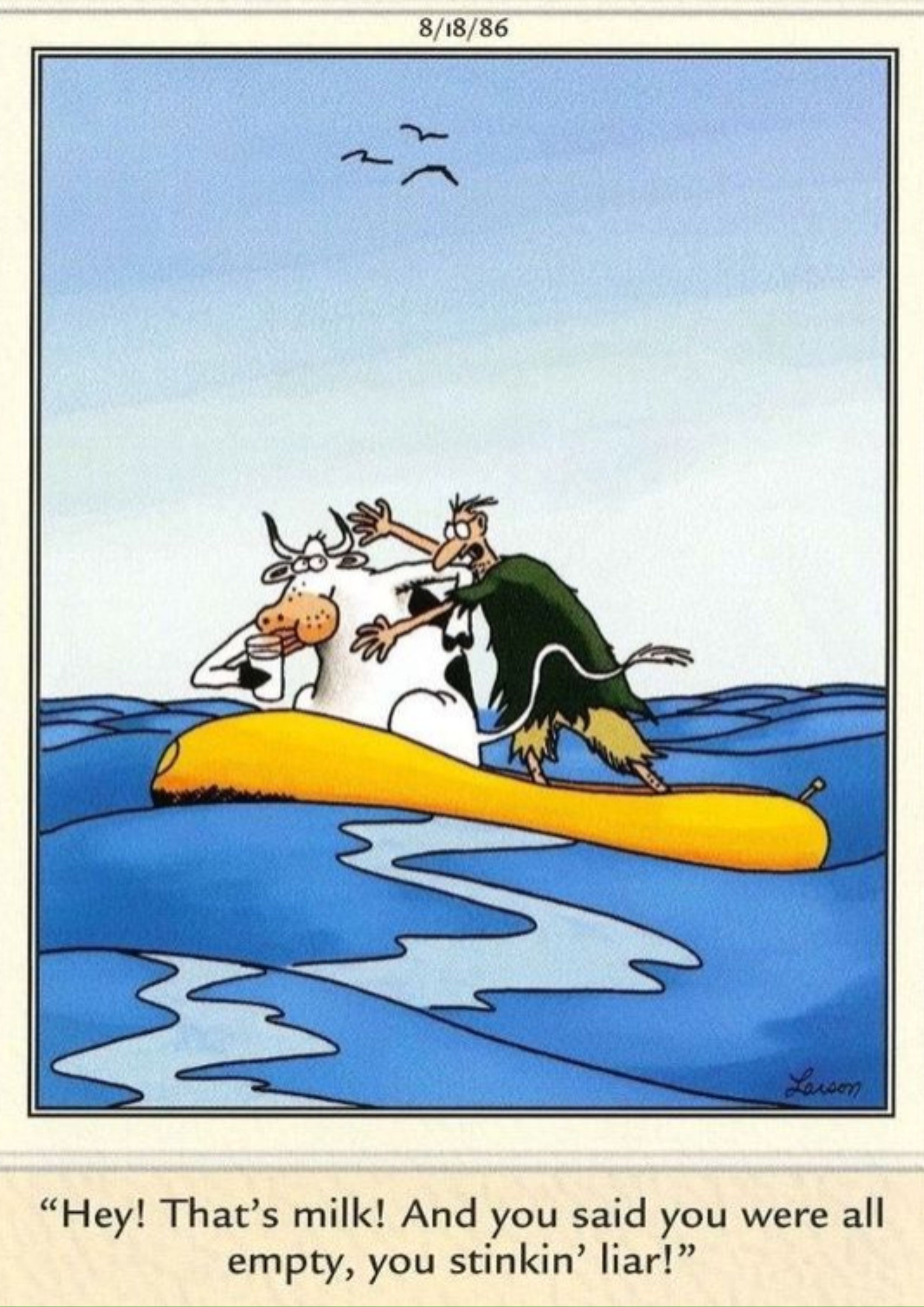 Vaca y hombre peleando en una balsa varada en el mar en Far Side.