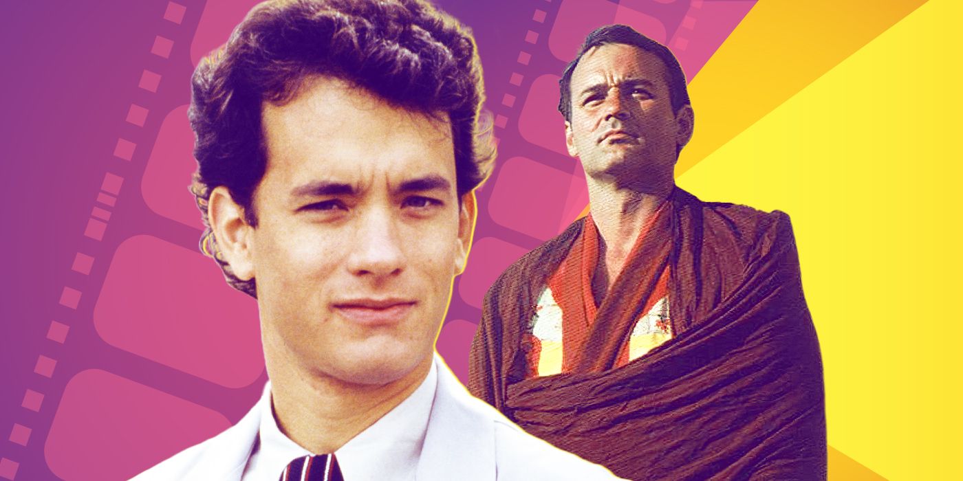 Imagen personalizada de Tom Hanks en Splash y Bill Murray sobre un fondo morado y amarillo.