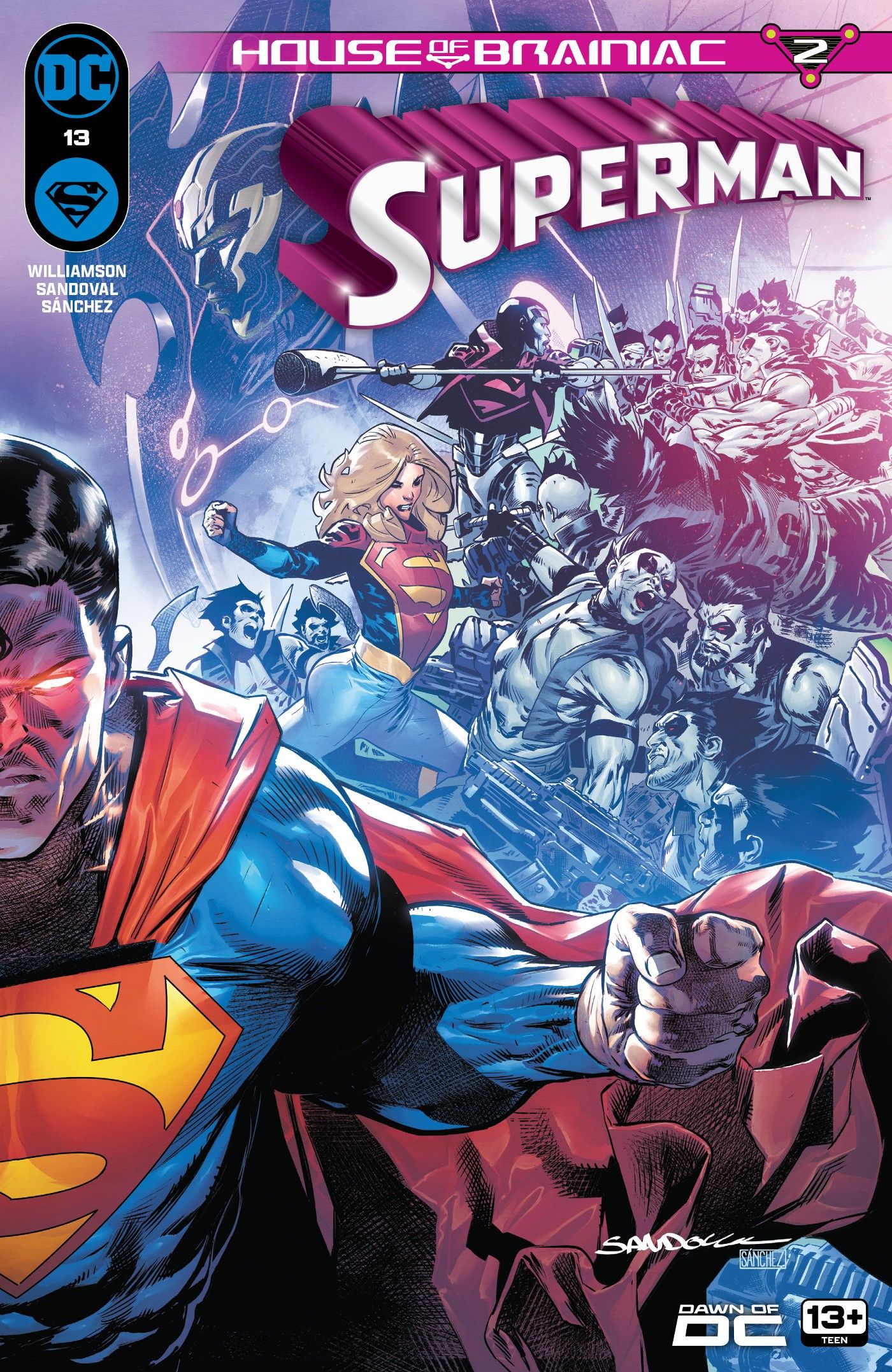 Portada principal de Superman 13: Superman mirando con ojos rojos brillantes.  Detrás de él, Supergirl y Steel luchan contra los zarnianos.