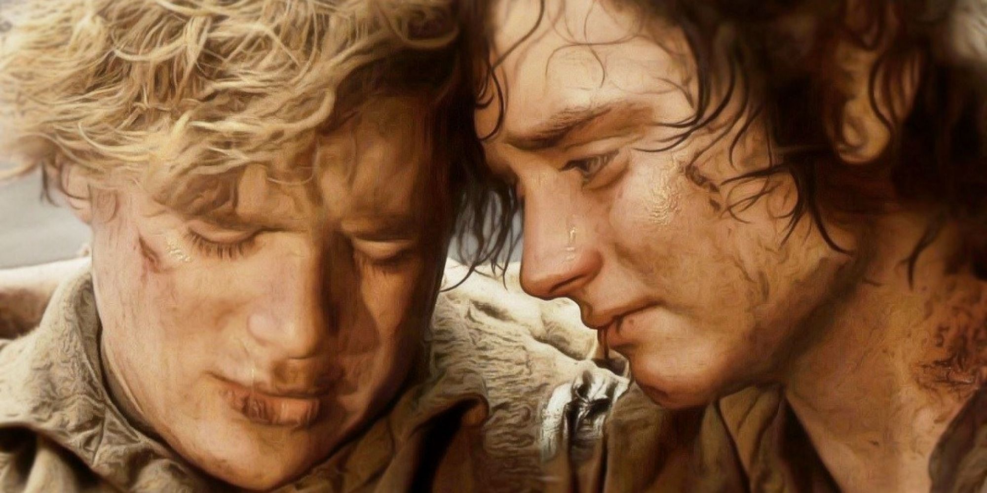 Sam y Frodo de "El Señor de los Anillos"muy juntos, luciendo derrotados y exhaustos.