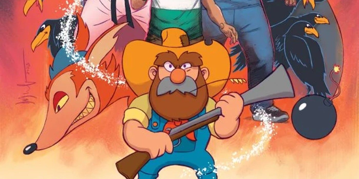 Hombre caricaturesco similar a Yosemite Sam sosteniendo una pistola y parado frente al protagonista de Uncanny Valley, Oliver.
