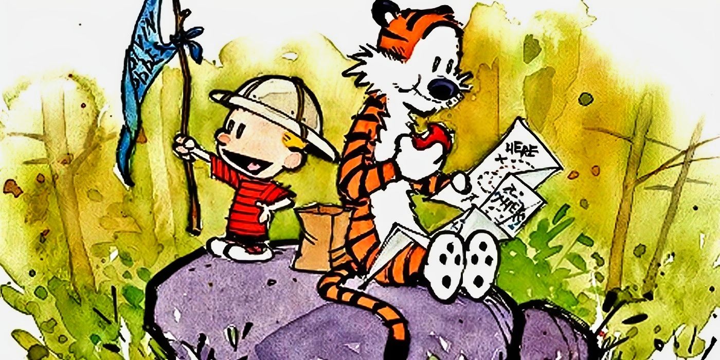 Calvin y Hobbes juegan a fingir juntos, Calvin con una bandera y Hobbes con un mapa del tesoro.