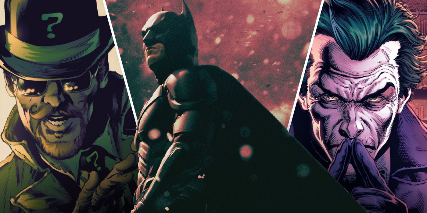 Christian Bale como Batman en The Dark Knight Rises con arte del Acertijo y el Joker de los cómics de DC