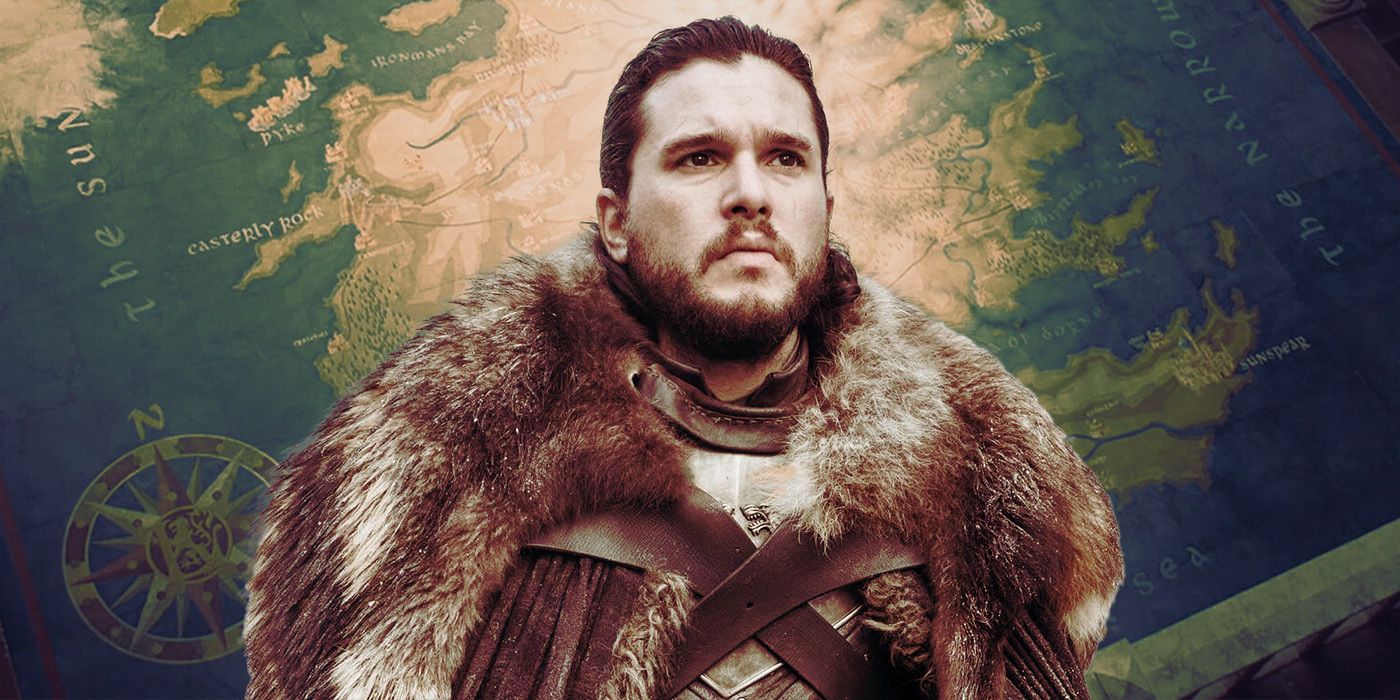Kit Harington como Jon Snow parado frente a un mapa de Westeros de Juego de Tronos