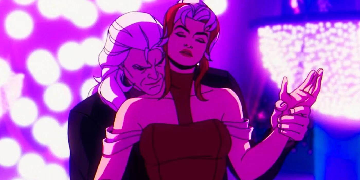 Magneto y Rogue bailando íntimamente con Magneto sosteniendo su muñeca por detrás y su cabeza apoyada en su hombro en X-Men '97.