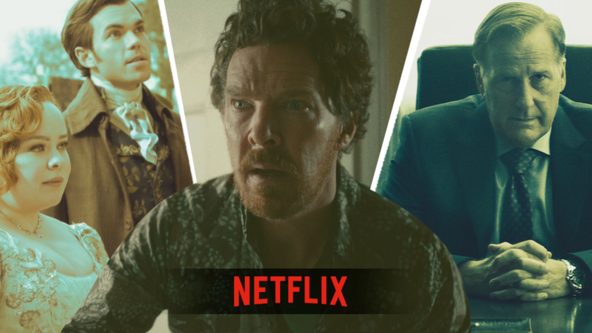 Una imagen editada de tres programas de televisión con el logotipo de Netflix, incluidos A Man in Full, Bridgerton y Eric. 