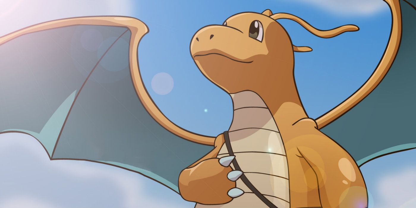 Pokémon Dragonita con las alas extendidas mirando hacia adelante frente a un fondo de cielo.
