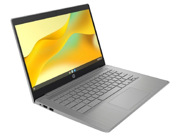 El HP Chromebook 14a con un fondo de pantalla amarillo y verde.