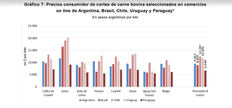 Precios al consumidor de cortes seleccionados de carne vacuna en tiendas online de Argentina, Brasil, Chile, Uruguay y Paraguay*dfd