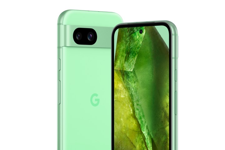 Representación del producto Aloe Google Pixel 8a, que muestra la parte frontal y posterior del teléfono.